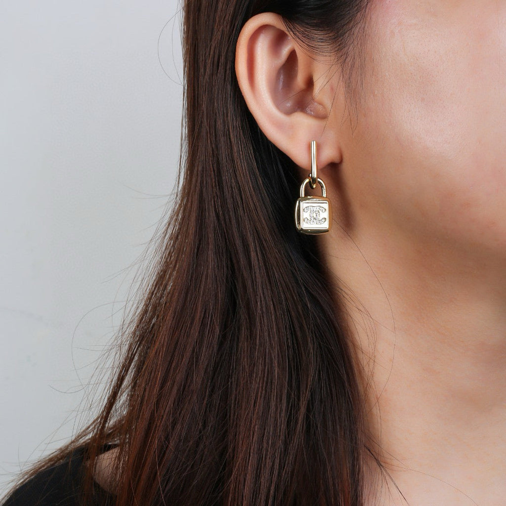 Chanel Lock Shaped Gold Diamond Earring