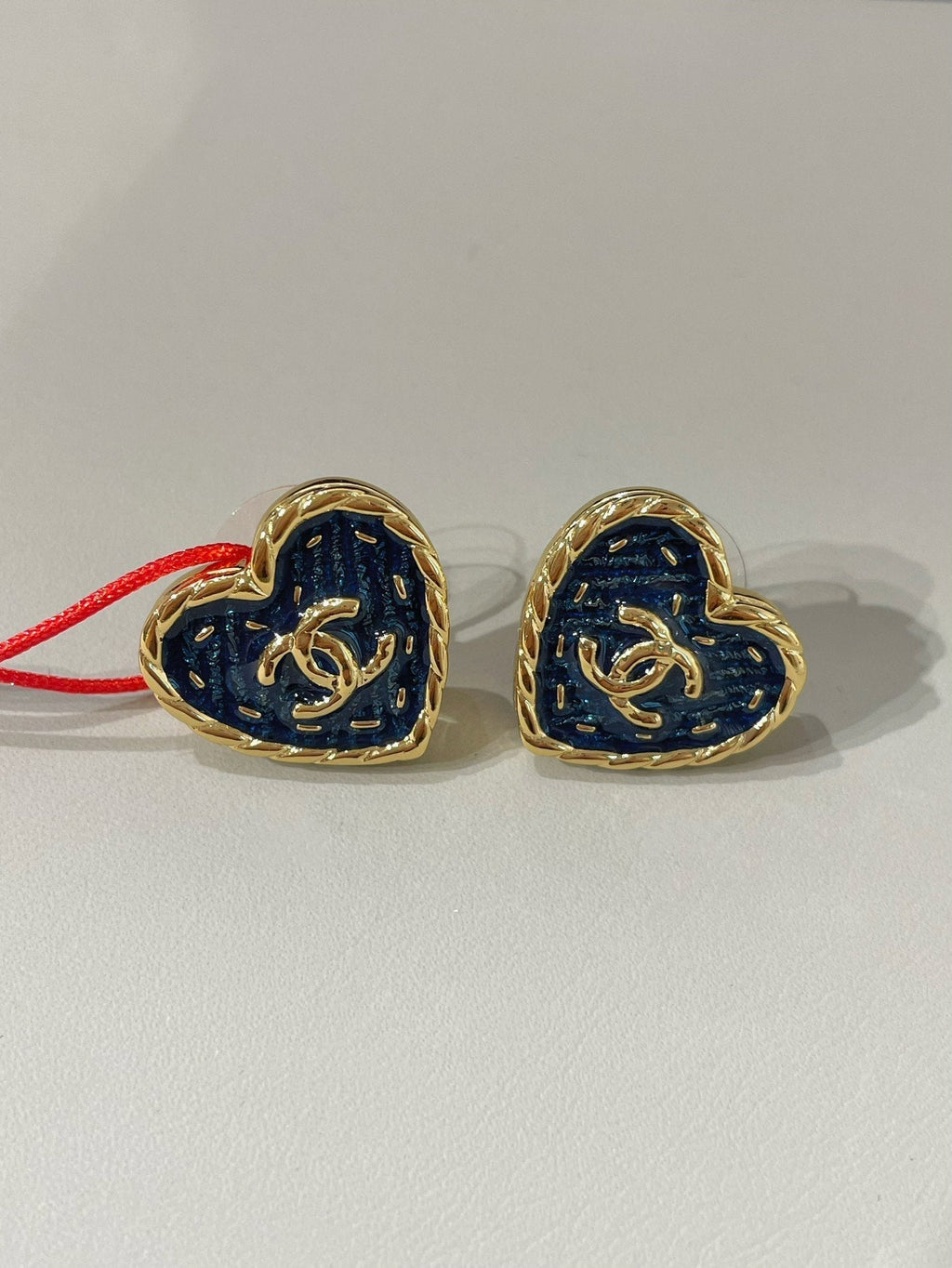 Chanel 24P Heart Blue Denim Stud Earrings
