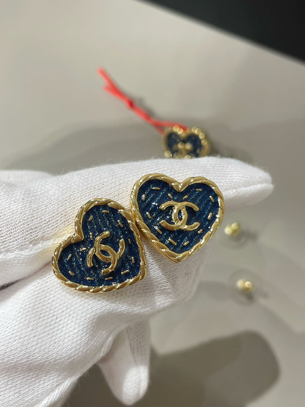 Chanel 24P Heart Blue Denim Stud Earrings
