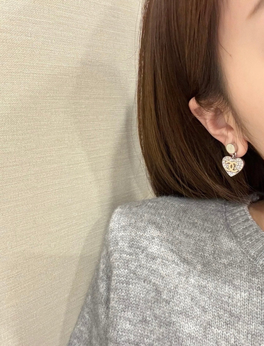 Chanel 2026 Double C Full Diamond Heart Pendant Button Earrings