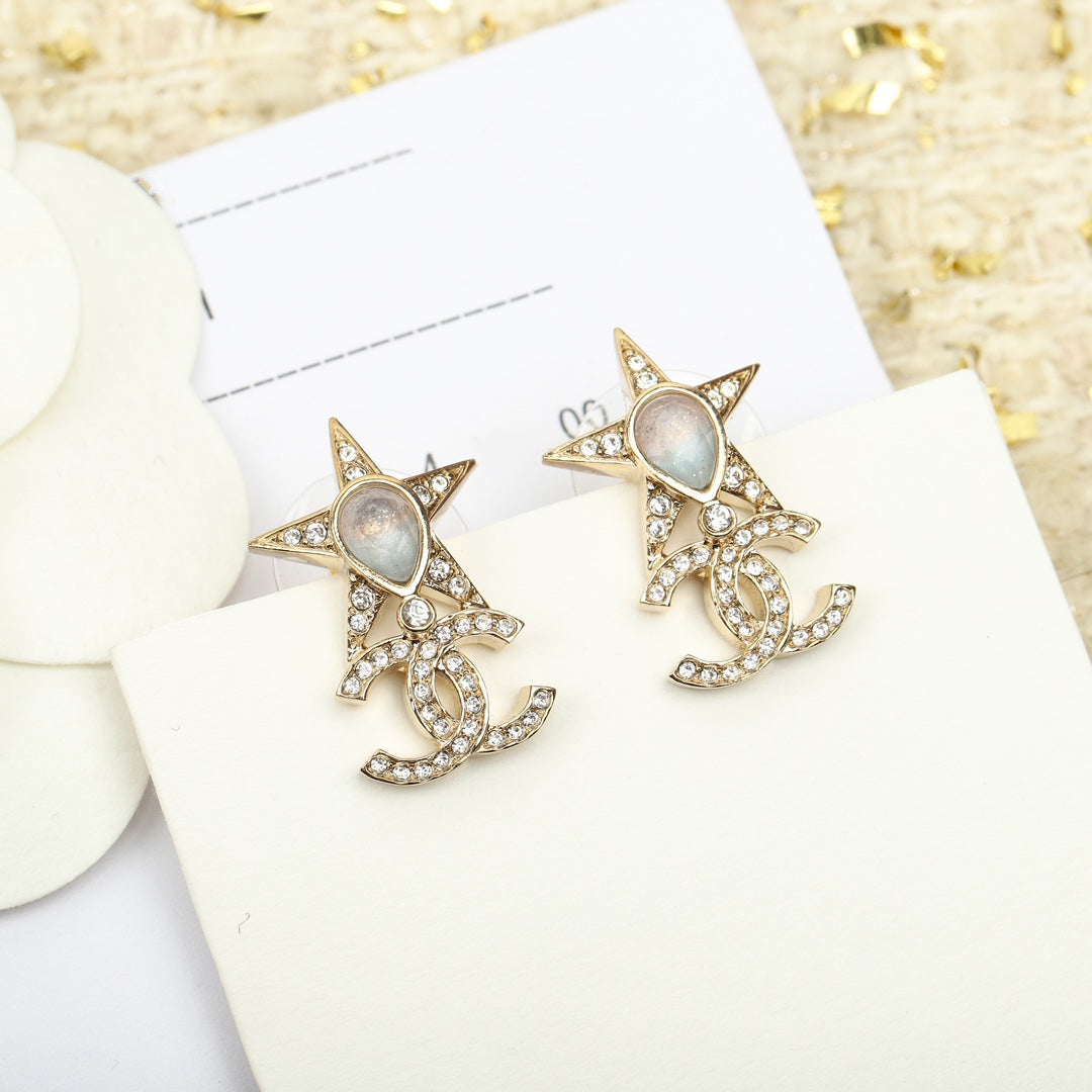 Chanel Double C Gold Star Earrings