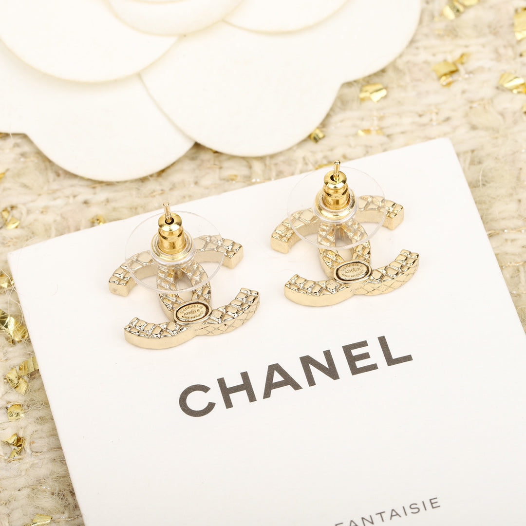 Chanel Double C Half Diamonds Gold Earrings