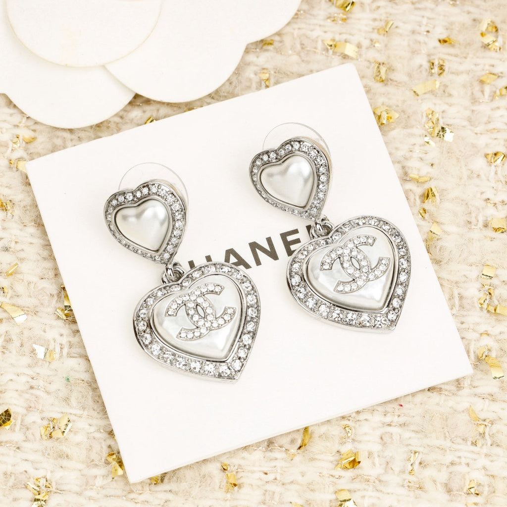 Chanel Double Heart Chanel Diamonds Silver Earrings