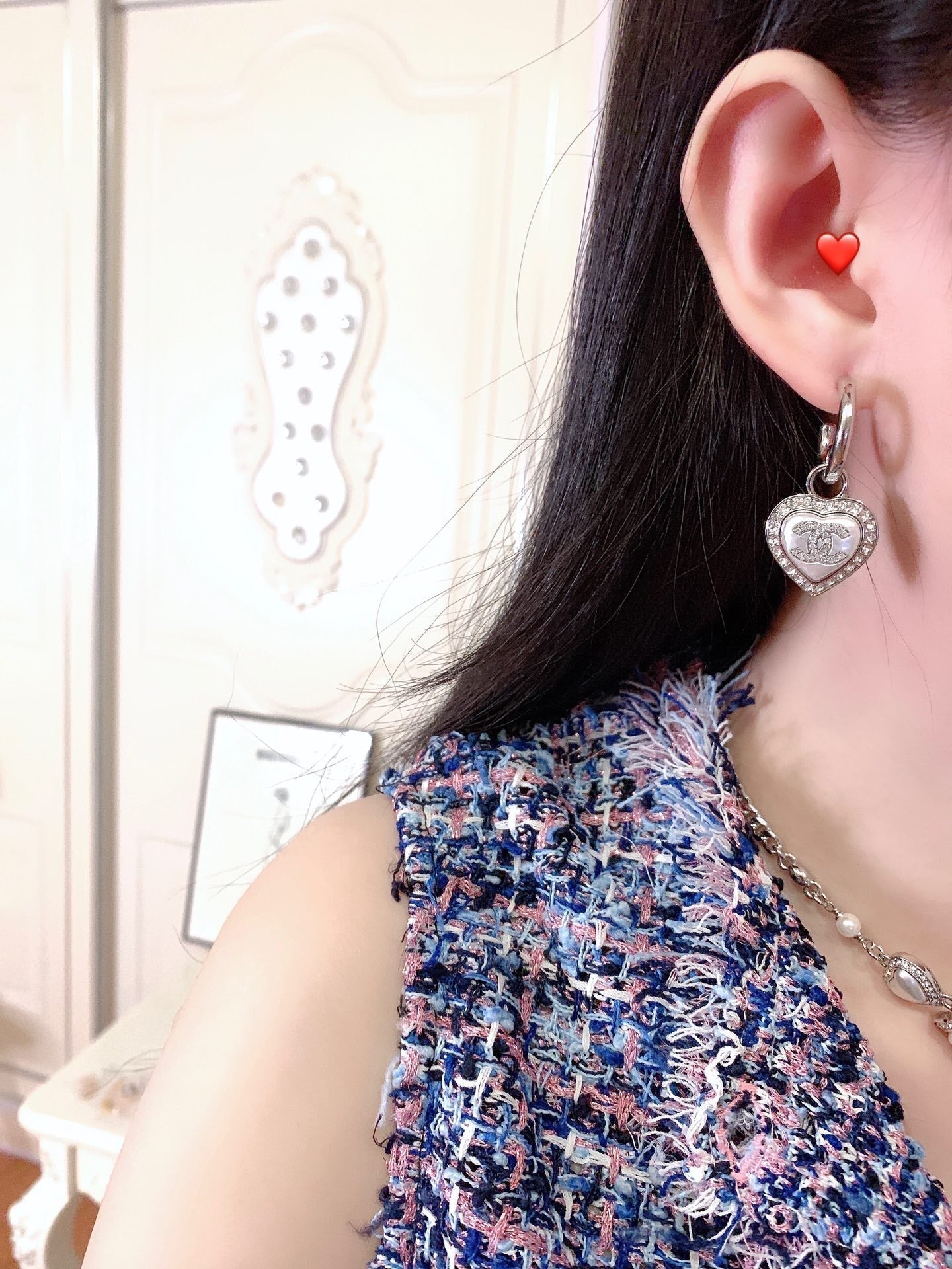 Chanel Double C Drop Heart Silver Diamonds Earrings