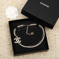 Chanel Pearls And Leather Straps Gold Necklace Type 1