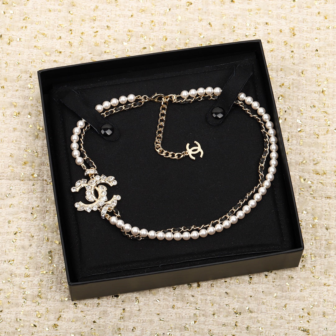Chanel Pearls And Leather Straps Gold Necklace Type 1