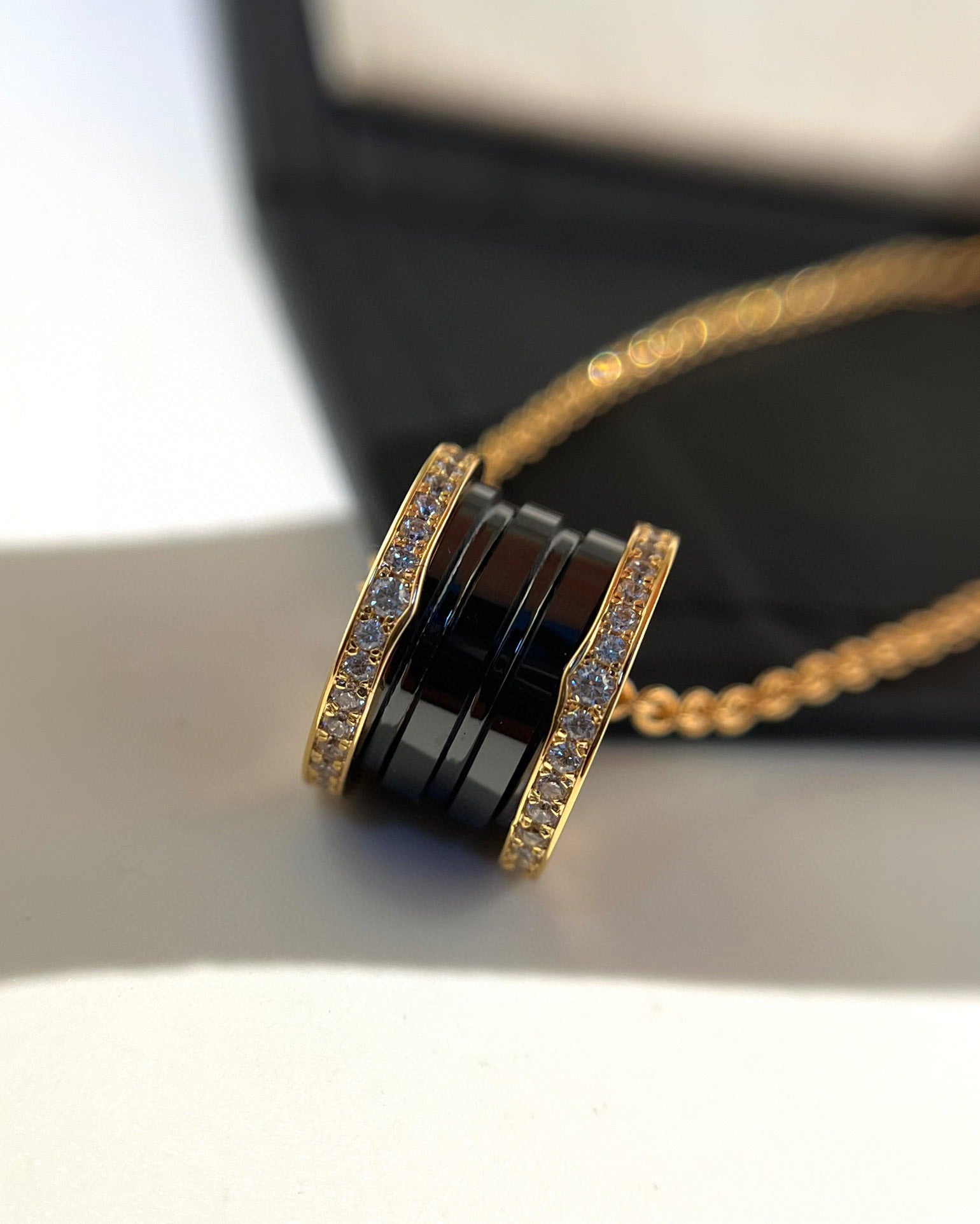 BVLGARI ZERO 1 BLACK CERAMIC DIAMOND PINK GOLD NECKLACE